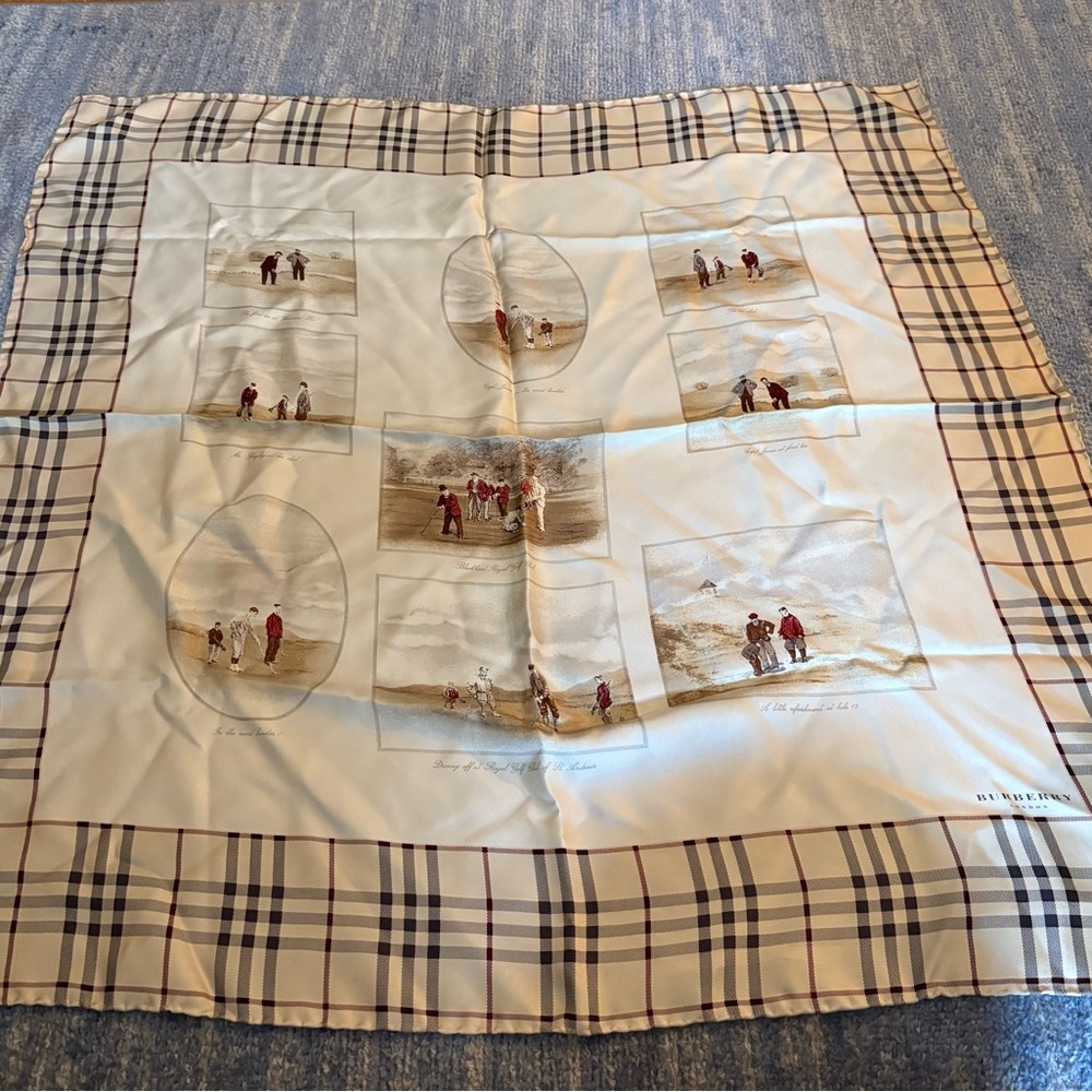 Burberry Golf Scene Cream and Brown Plaid Silk Scarf